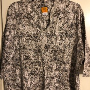 Ruby road brand.  Grey and white top with rhinestones at neck